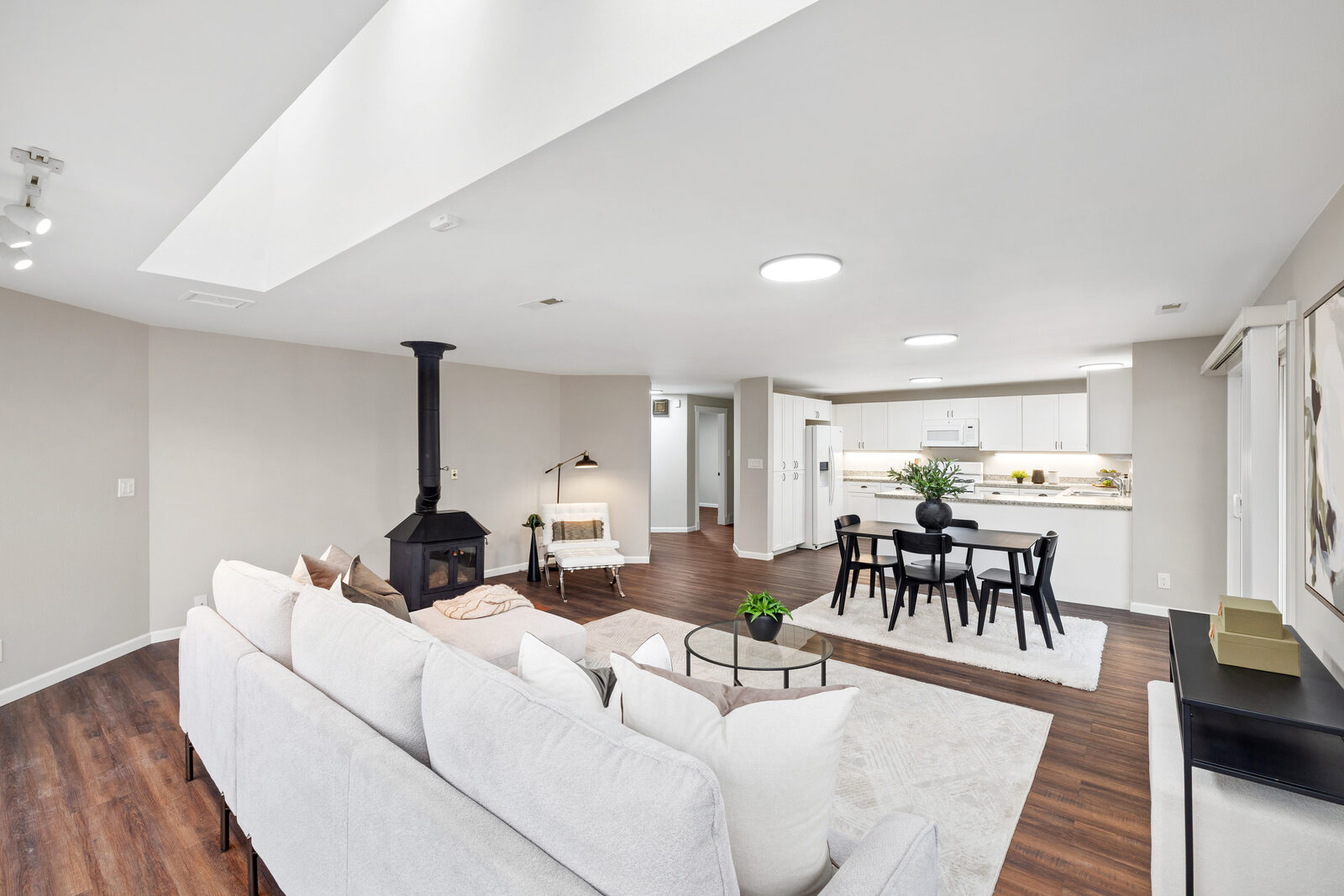 Great room with fireplace and open kitchen
