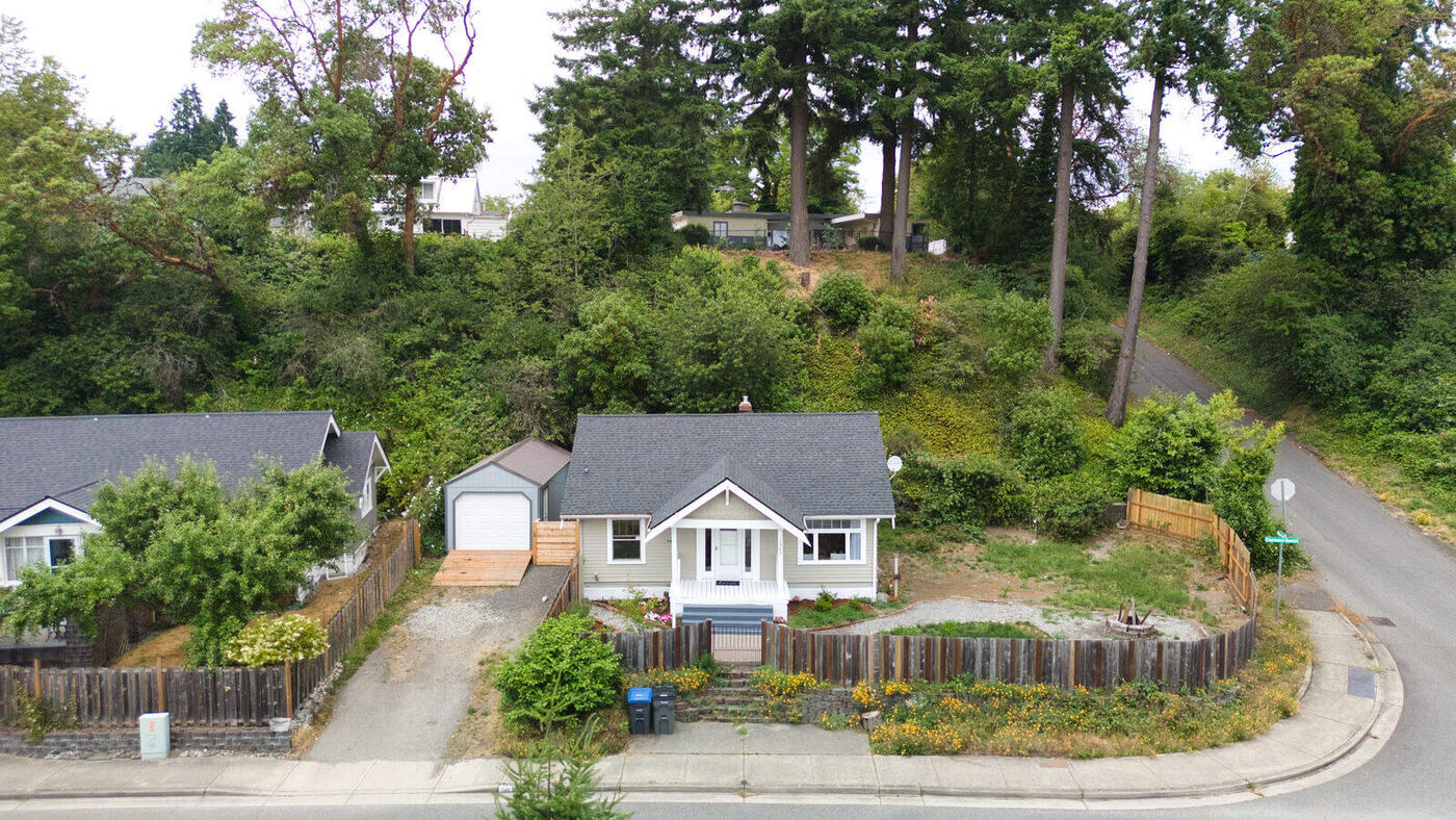 Craftsman bungalow corner lot aerial